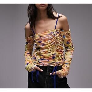 Topshop Mesh Printed Long sleeve Ruched Bardot Top Multi Women's S Yellow Orange